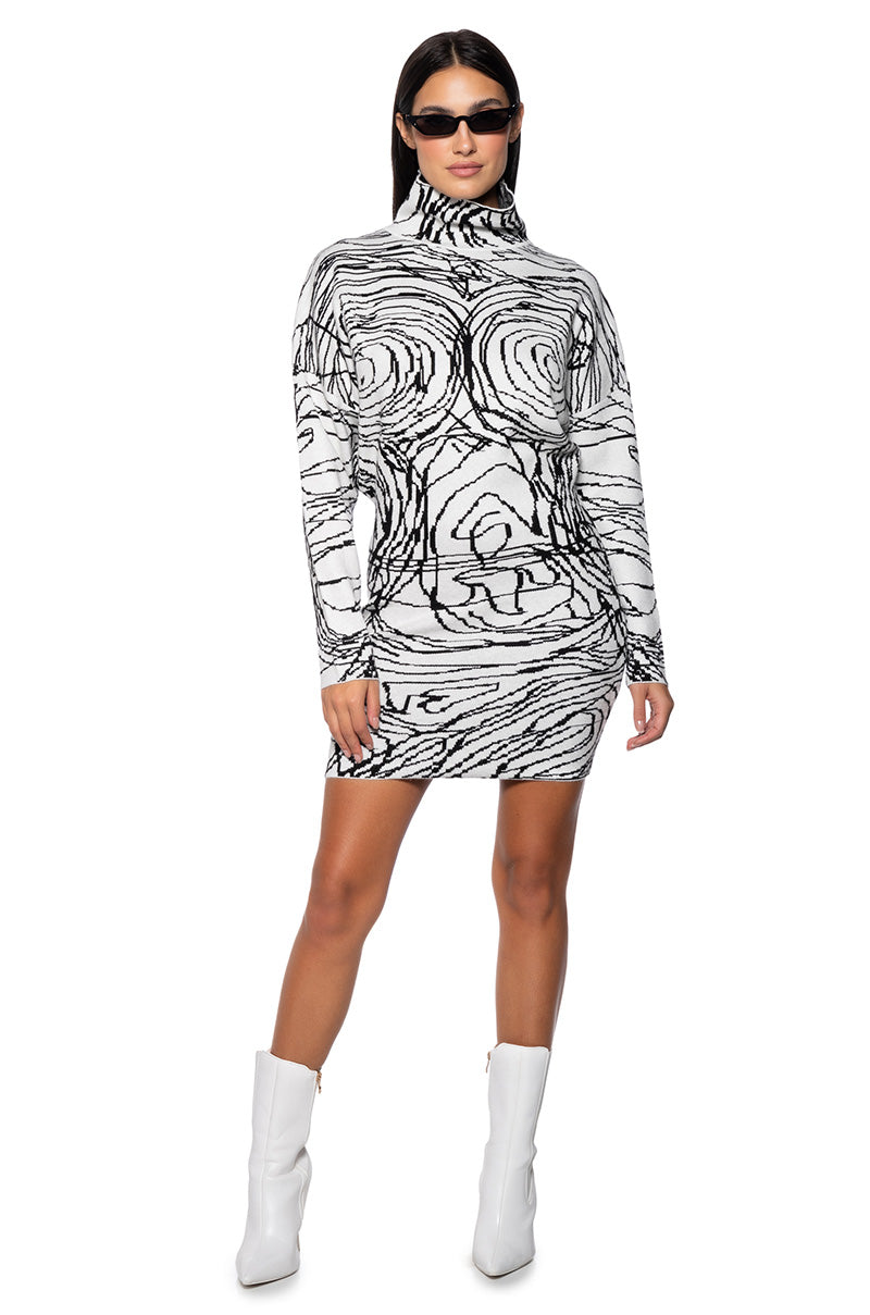 BODY WORK ABSTRACT LONG SLEEVE KNIT MINI DRESS