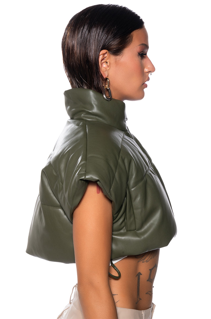 ULTRA CROP PU VEST WITH PULL STRINGS IN OLIVE