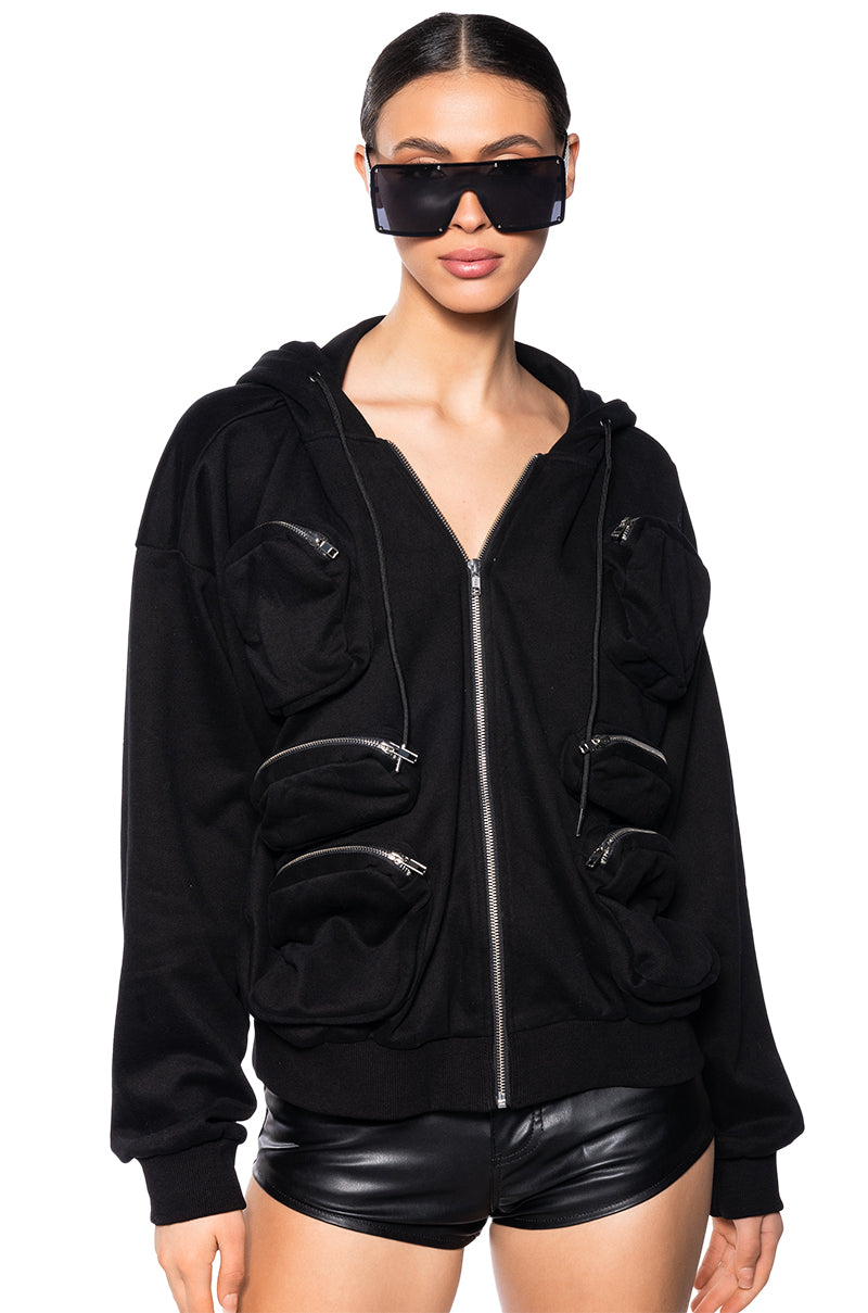 DEEP POCKETS ZIP UP HOODED SWEATSHIRT