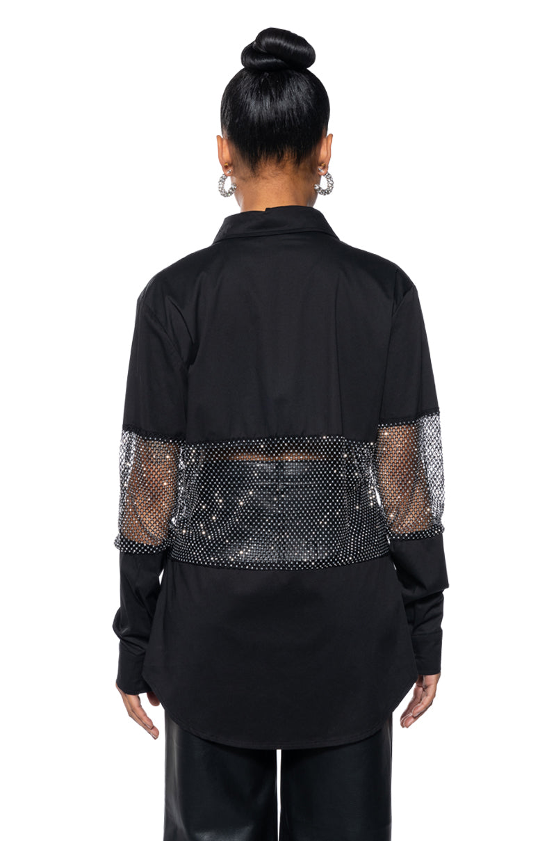 JOSIE RHINESTONE MESH POPLIN BUTTON DOWN