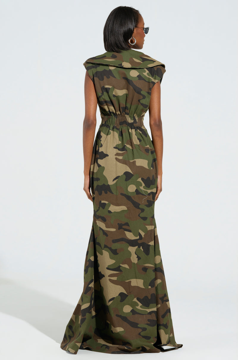 NOW YOU SEE ME CAMO PRINT MAXI DRESS