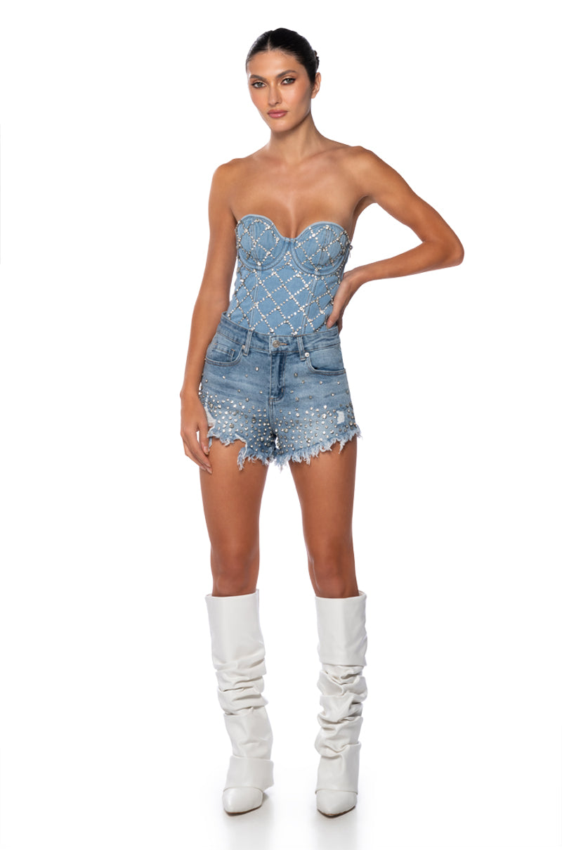 DANCING IN THE RAIN DISTRESSED RHINESTONE DENIM SHORTS