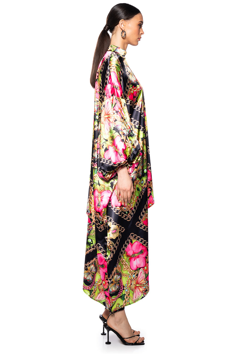 TROPICAL VACATION PRINT SATIN MAXI DRESS IN GREEN MULTI