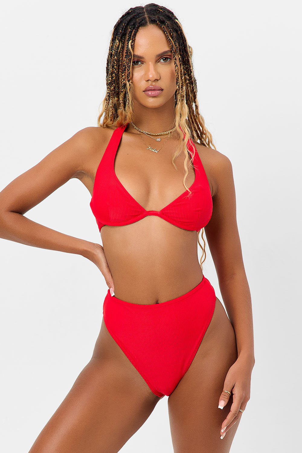 Stardust Ribbed Halter Bikini Top - Grenadine