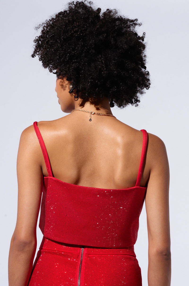 POP STAR HOT FIX RHINESTONE CROP TOP IN RED