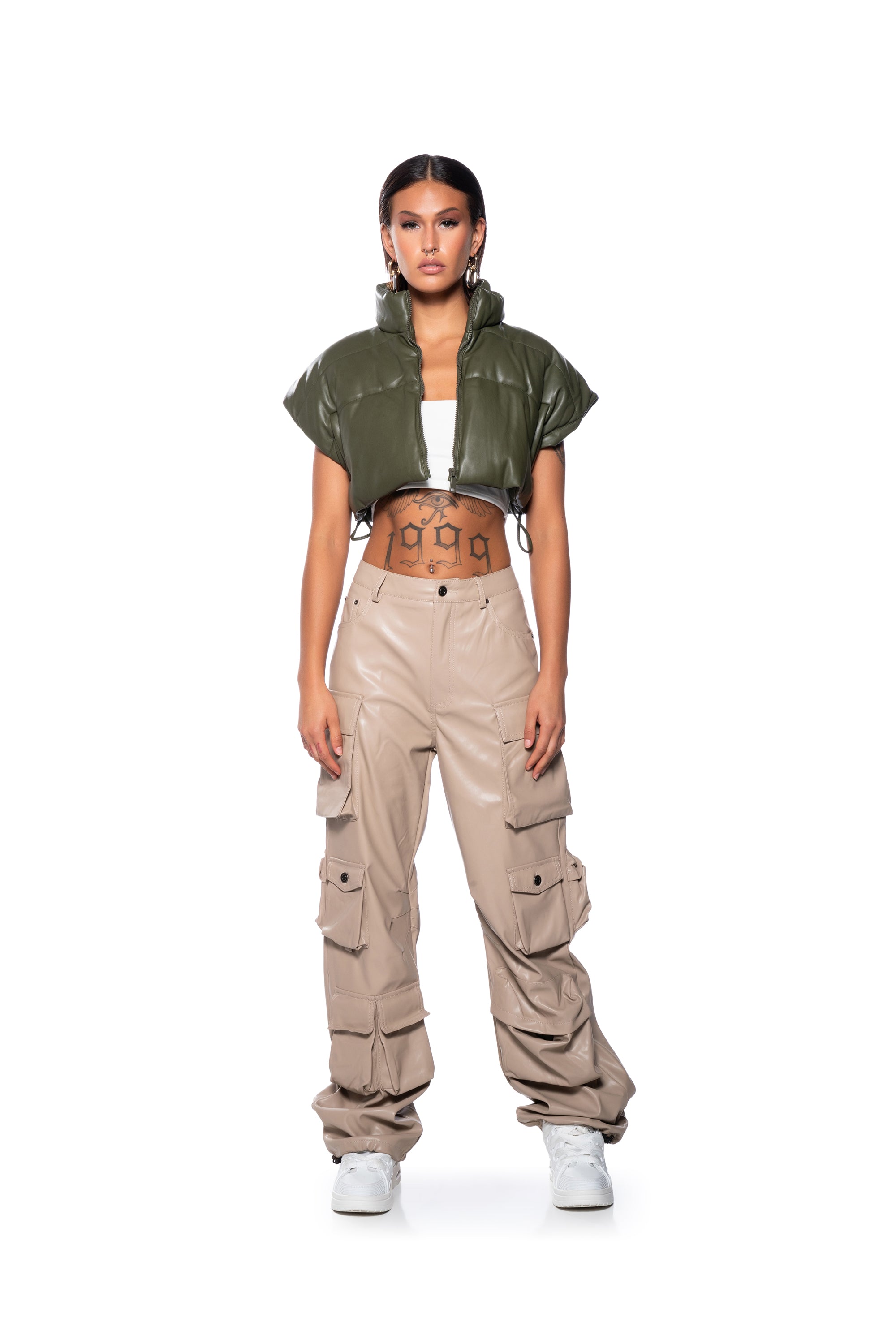 ULTRA CROP PU VEST WITH PULL STRINGS IN OLIVE