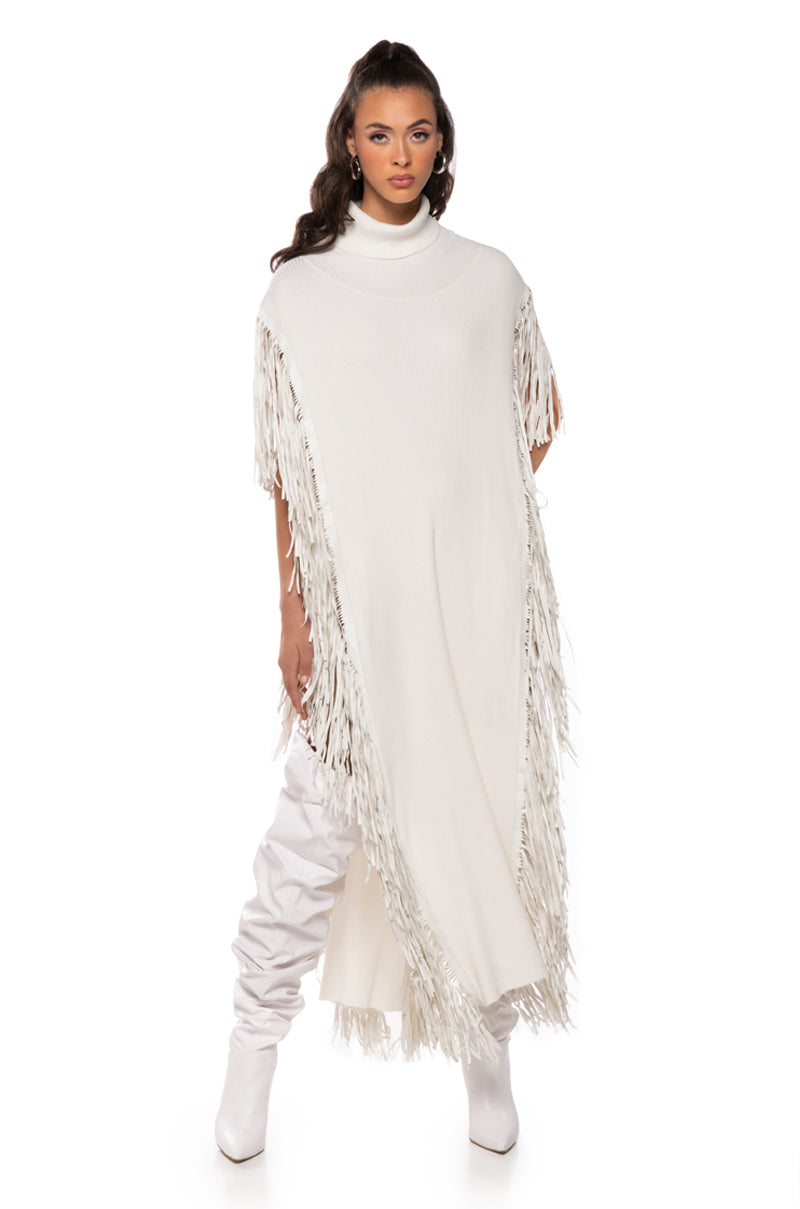 CHEYENNE FAUX LEATHER FRINGE BELTED SWEATER IN IVORY