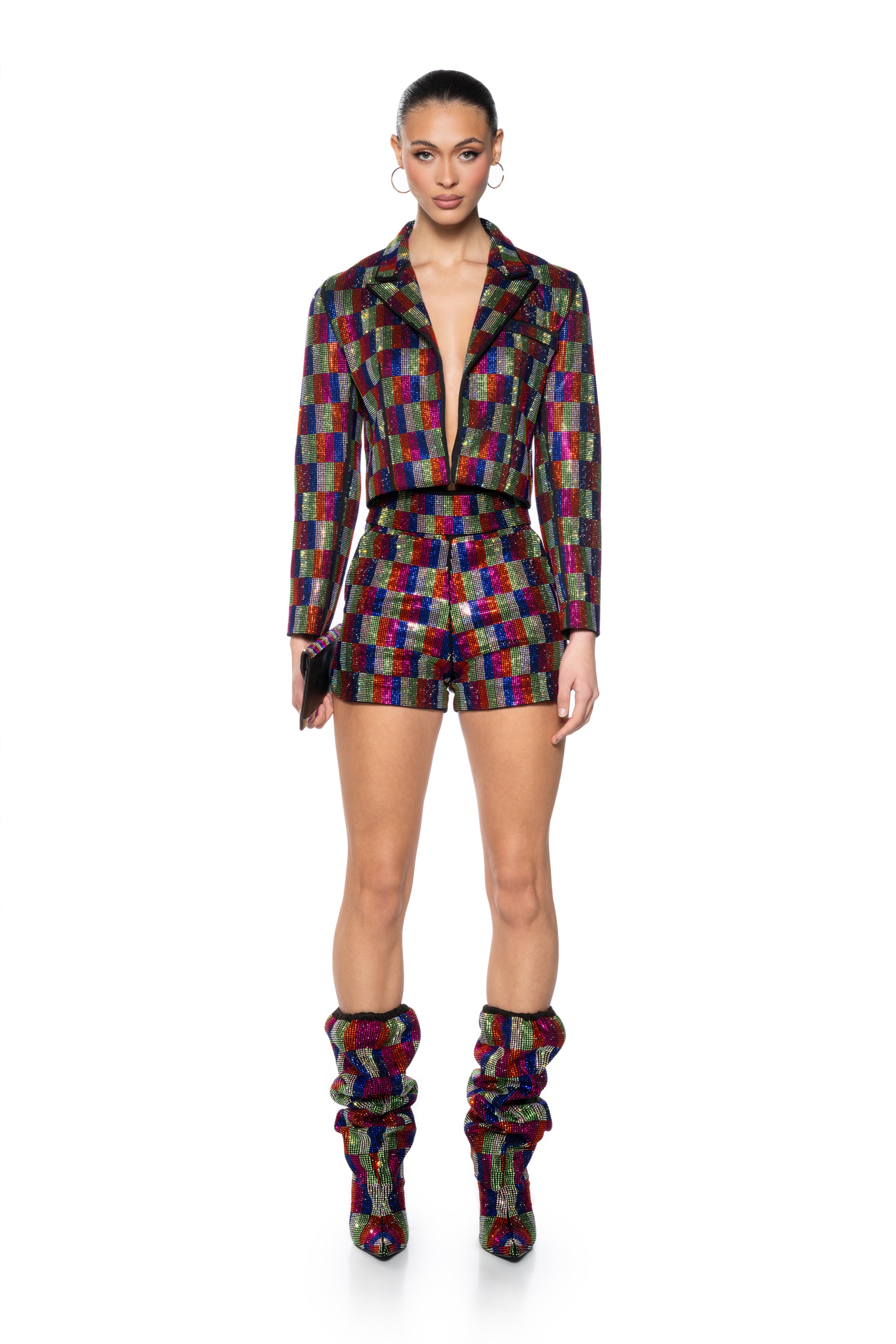 POP STAR RECTANGLE PRINT RHINESTONE CROP BLAZER