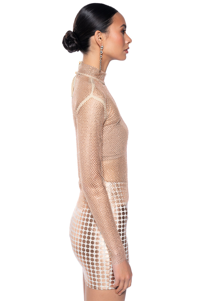 VEGA RHINESTONE MESH LONG SLEEVE TOP