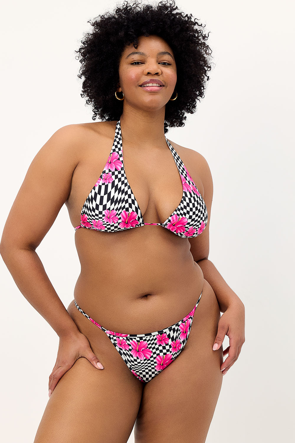 Harmony Shine Thong Bikini Bottom - Black Morrison Hibiscus