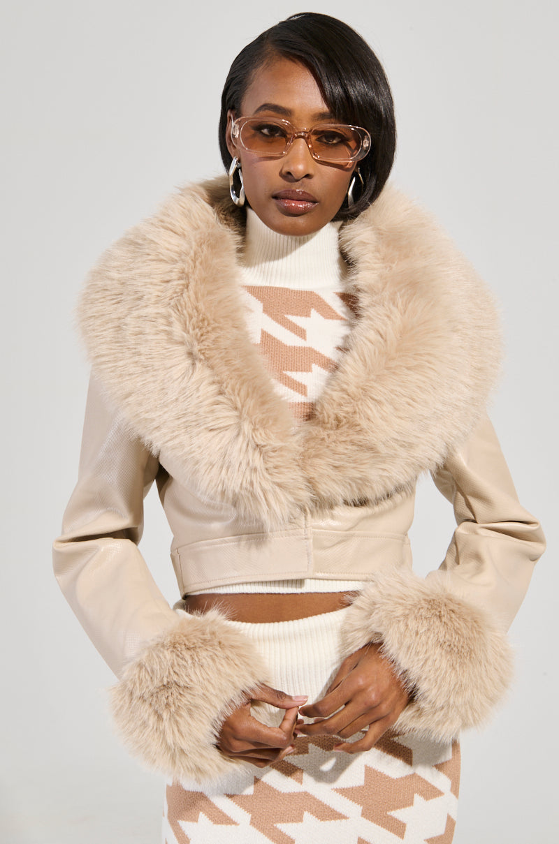 GISELE CROP FAUX FUR MOTO JACKET IN IVORY