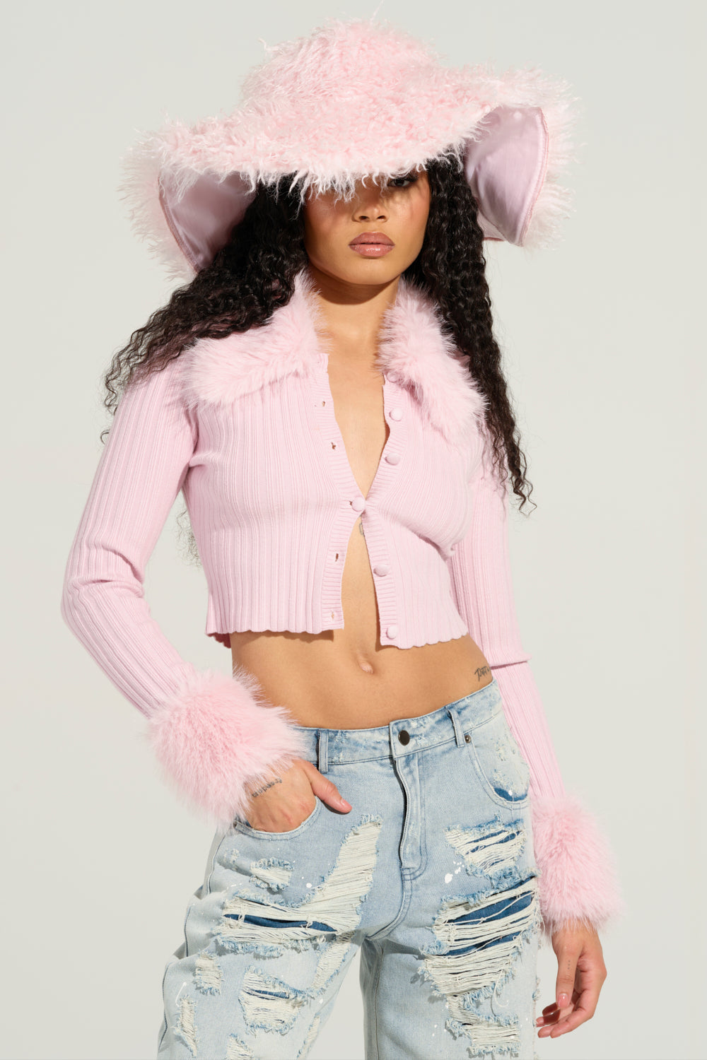 ANGEL EYES FUR TRIM CARDIGAN IN PINK