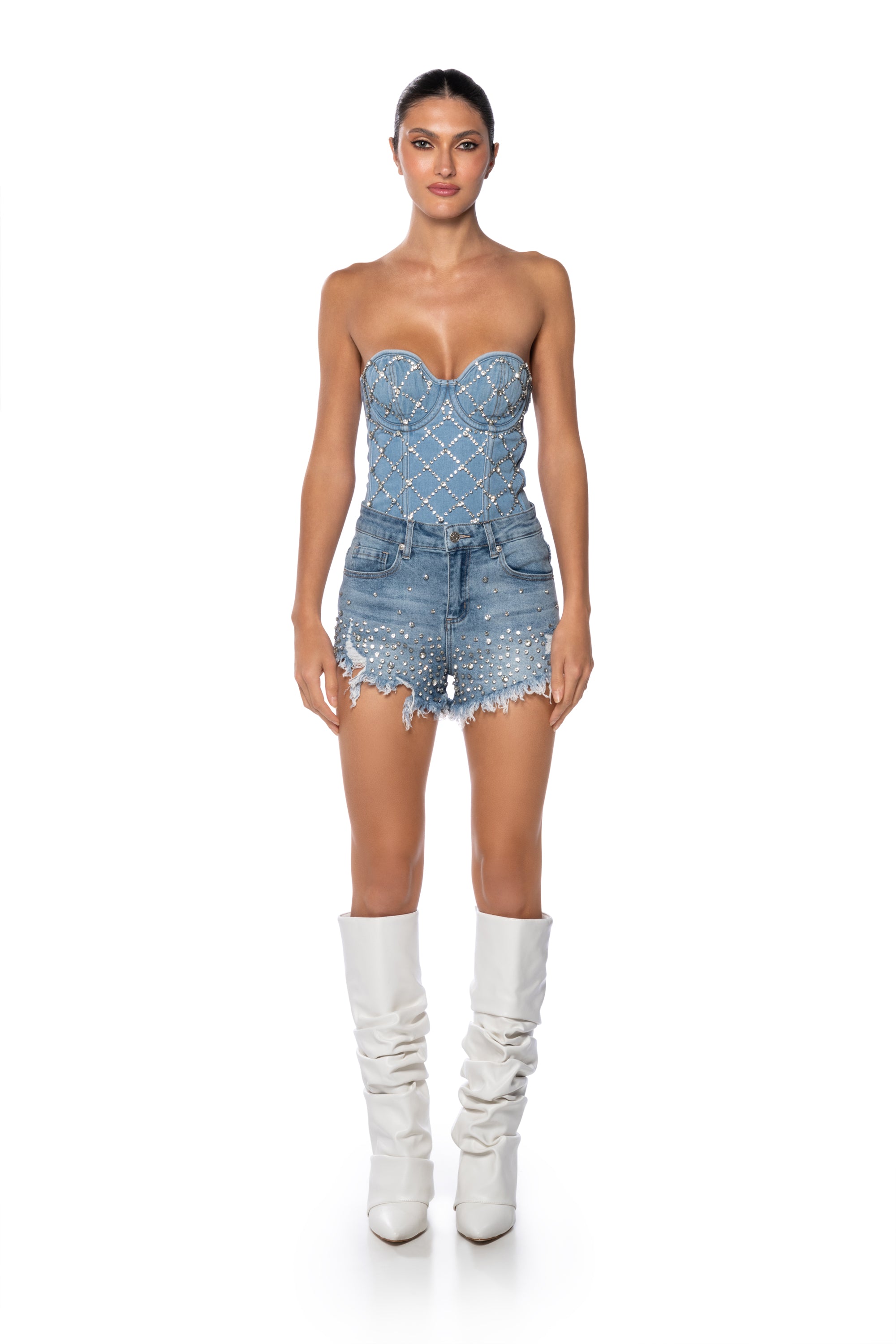 DANCING IN THE RAIN DISTRESSED RHINESTONE DENIM SHORTS