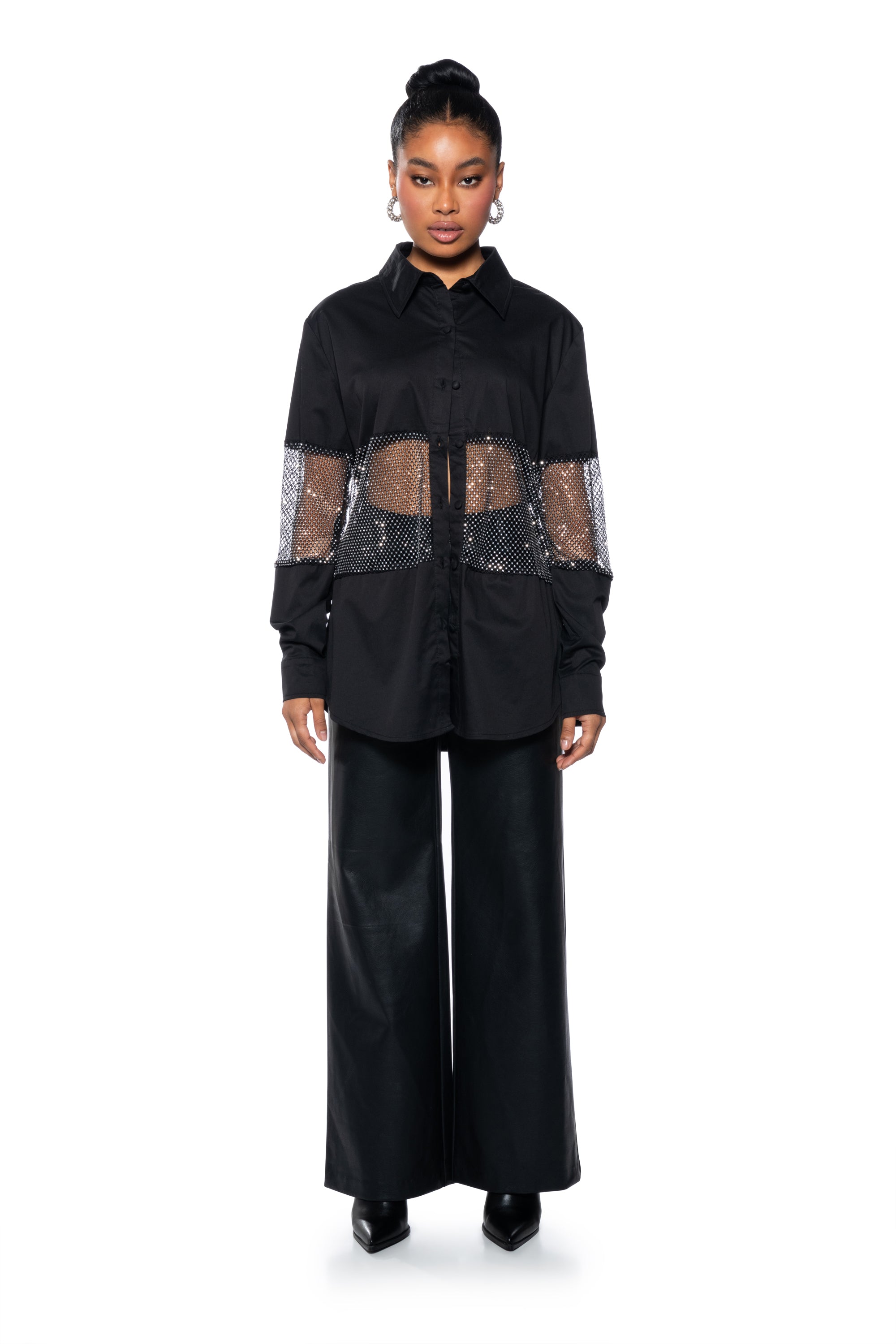 JOSIE RHINESTONE MESH POPLIN BUTTON DOWN