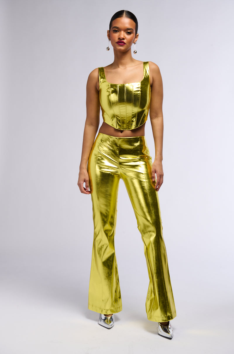 NEED YOU TONIGHT METALLIC FAUX LEATHER FLARED PANT