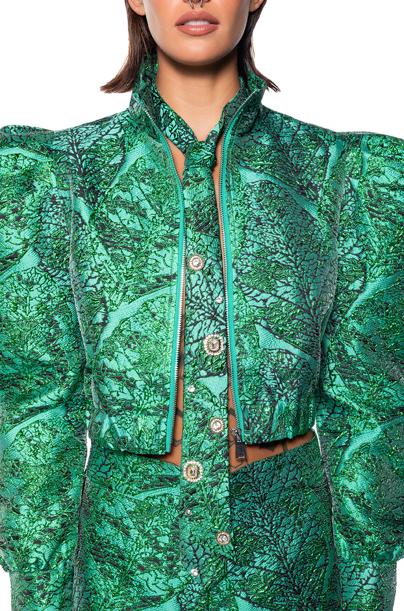 GREEN BROCADE PUFF SHOULDER BOMBER JACKET