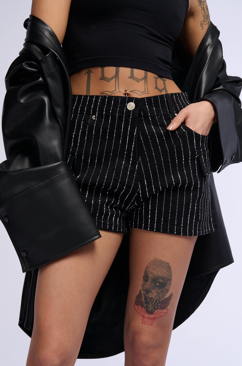 BRITTNI RHINESTONE CARGO DENIM SHORT IN BLACK