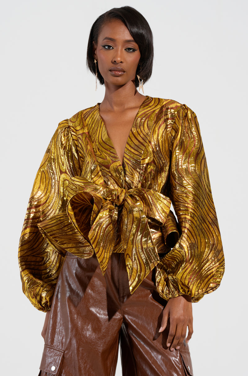 IN A DAYDREAM TIE FRONT BLOUSE IN GOLD