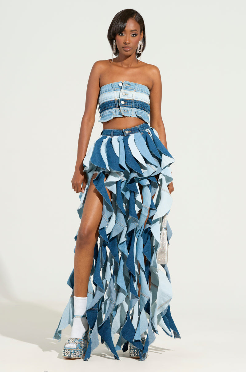 ALESSANDRA DRAMATIC DENIM MAXI SKIRT