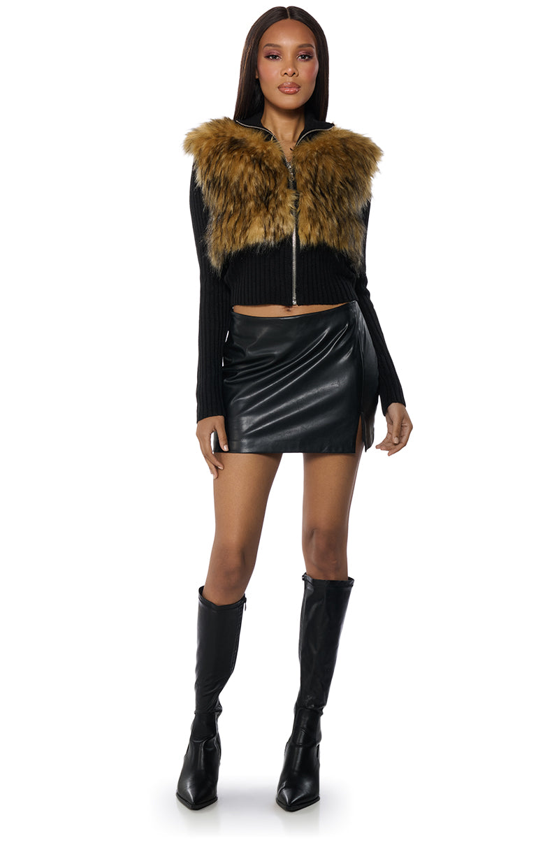 COLDEST WINTER ZIP UP FAUX FUR TRIM KNIT SWEATER IN BLACK MULTI