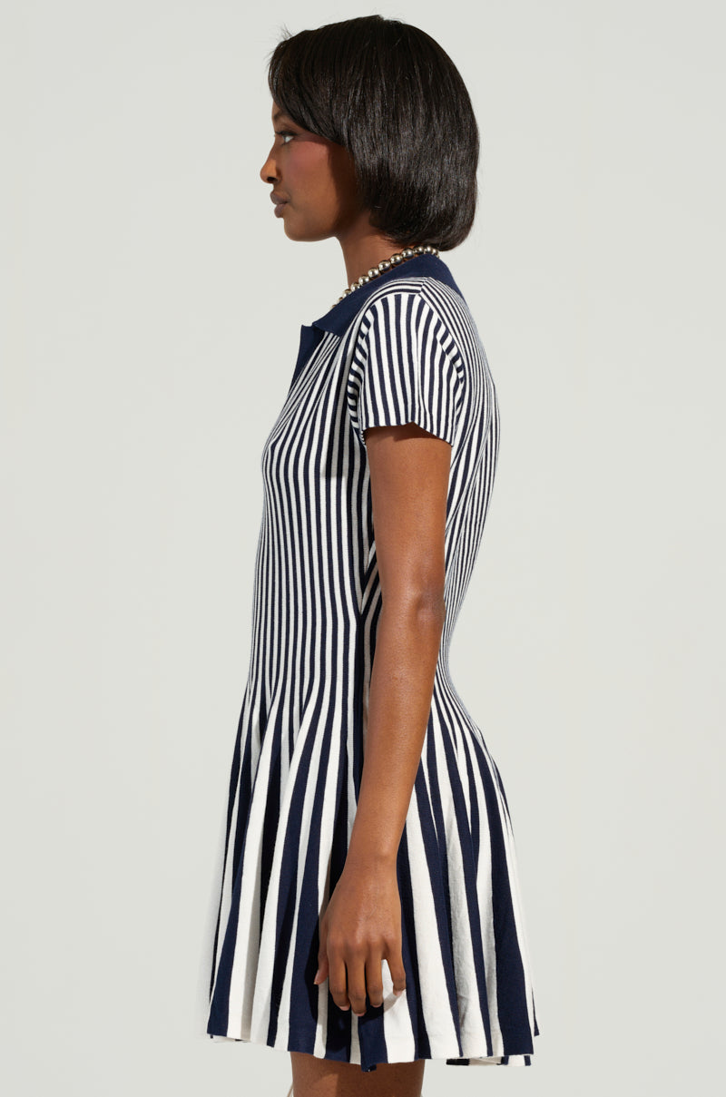 ALINA PLEATED KNIT FIT AND FLARE MINI DRESS IN NAVY