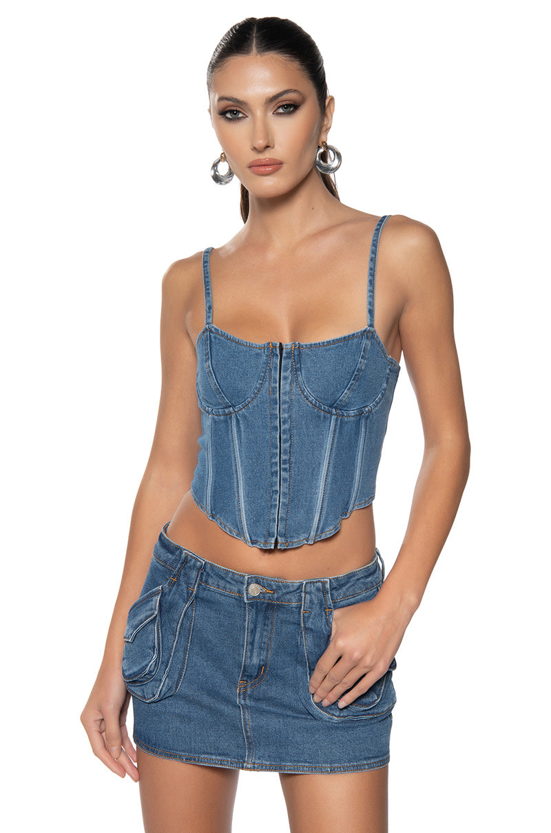 ON THE MOVE DENIM CORSET TOP