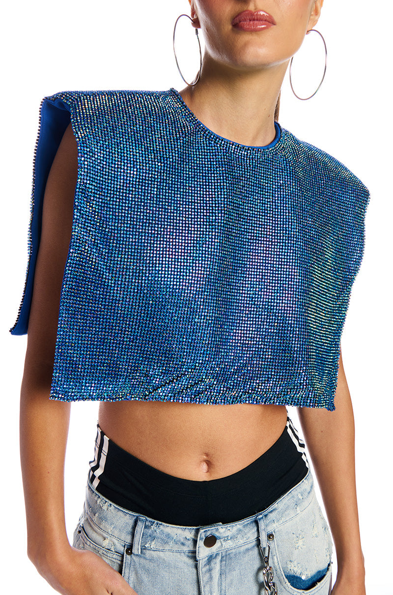 DISCO BABE SLEEVELESS RHINESTONE CROP TOP IN BLUE