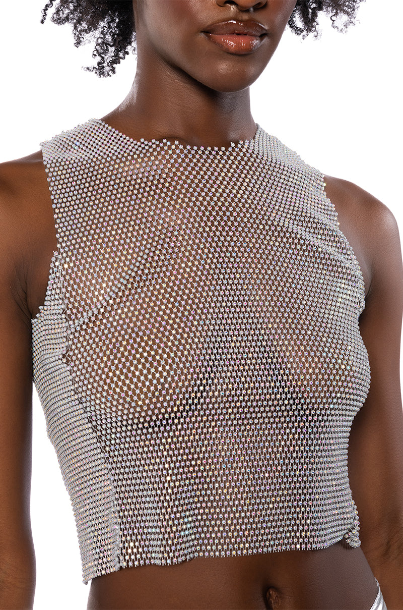 ZELDA RHINESTONE MESH SLEEVELESS TOP IN GREY