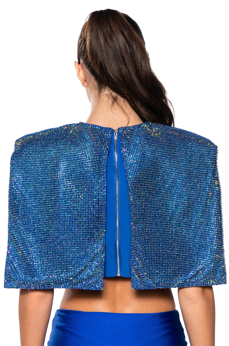 DISCO BABE SLEEVELESS RHINESTONE CROP TOP IN BLUE