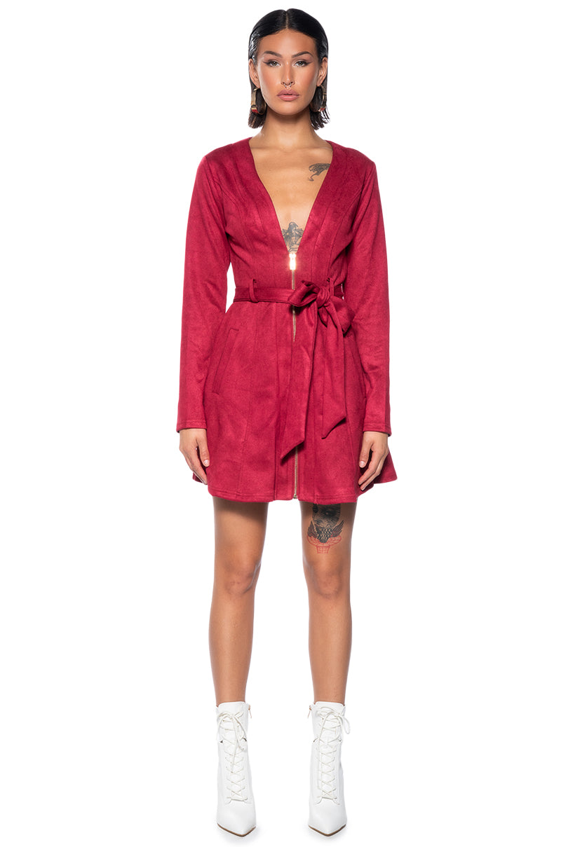 COVET FAUX SUEDE TRENCH MINI DRESS IN RED