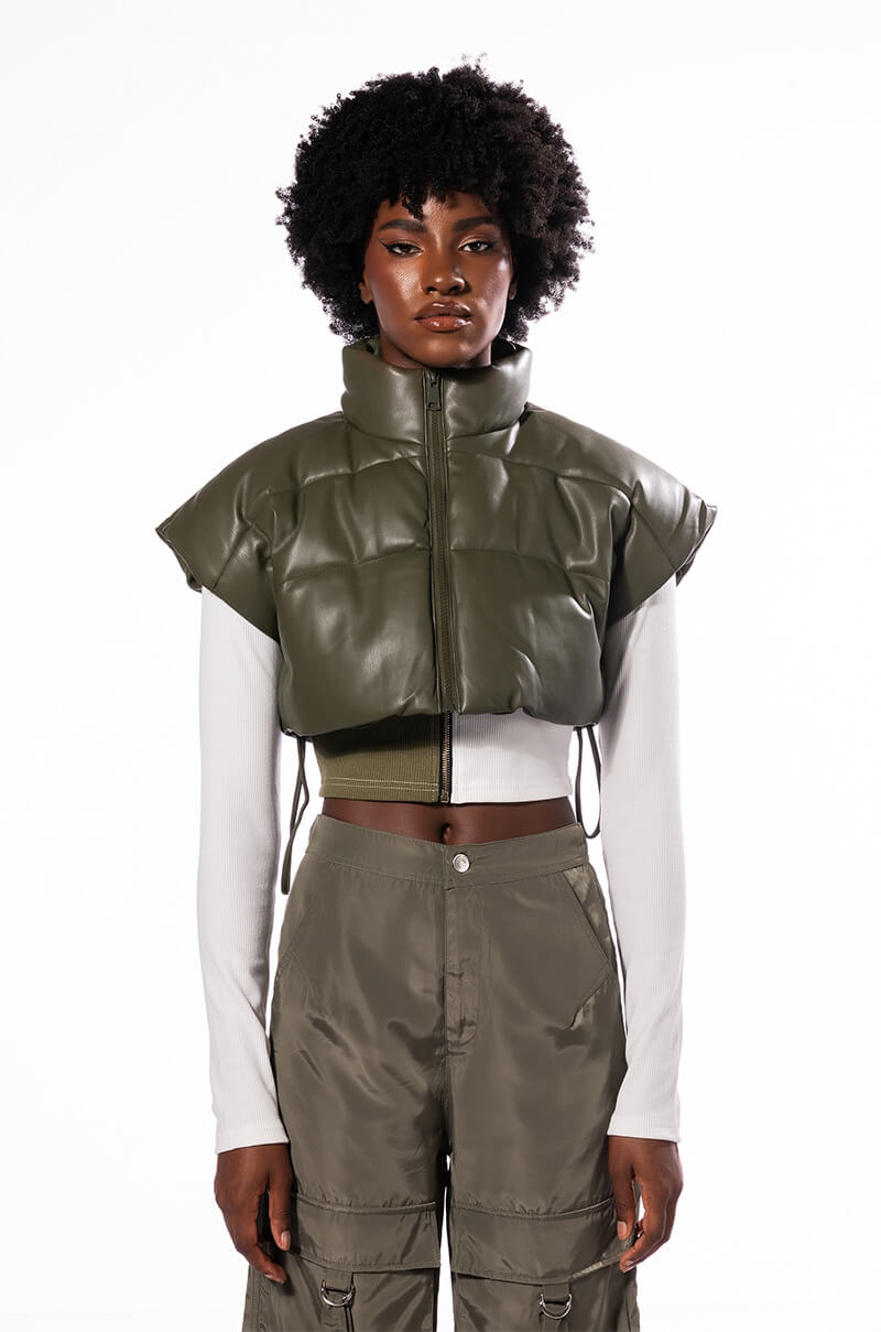 ULTRA CROP PU VEST WITH PULL STRINGS IN OLIVE