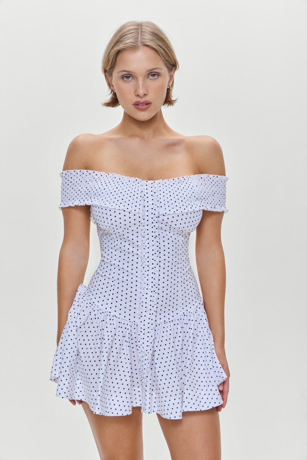 Mae Off Shoulder Mini Dress - White Polka Dot