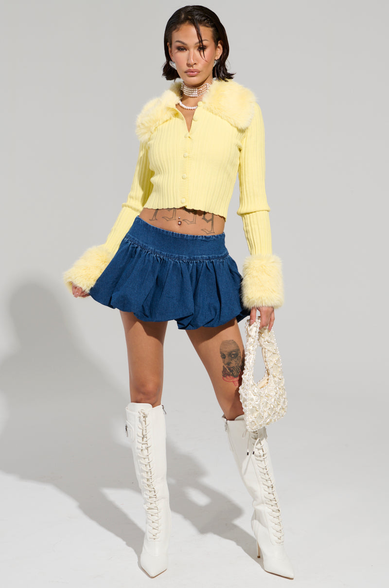 ANGEL EYES FUR TRIM CARDIGAN IN YELLOW