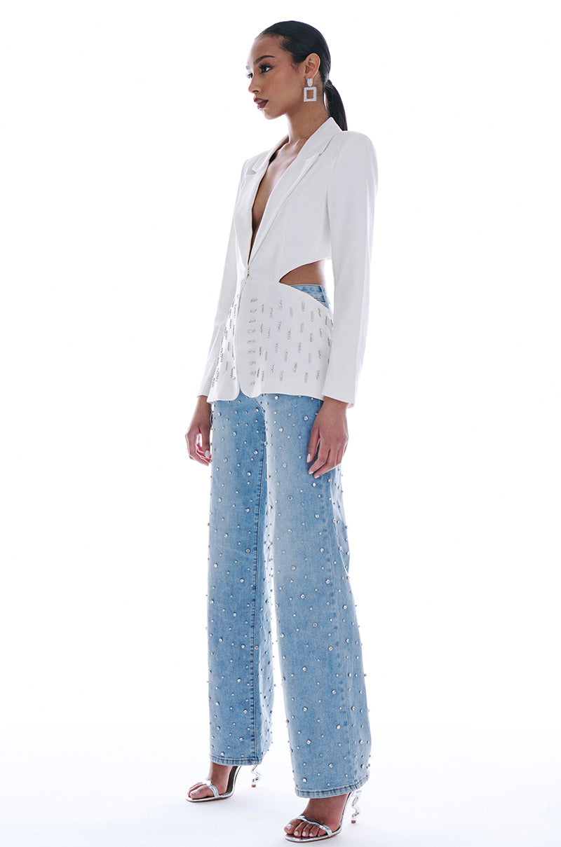 JOANIE EMBELLISHED WIDE LEG JEANS