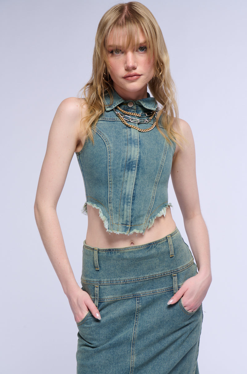 STERLING SLEEVELESS DENIM COLLARED TOP