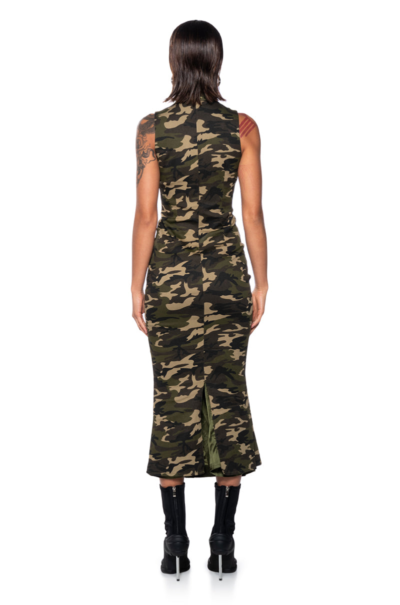 NOW YOU SEE ME RUCHED CAMO MIDI DRESS