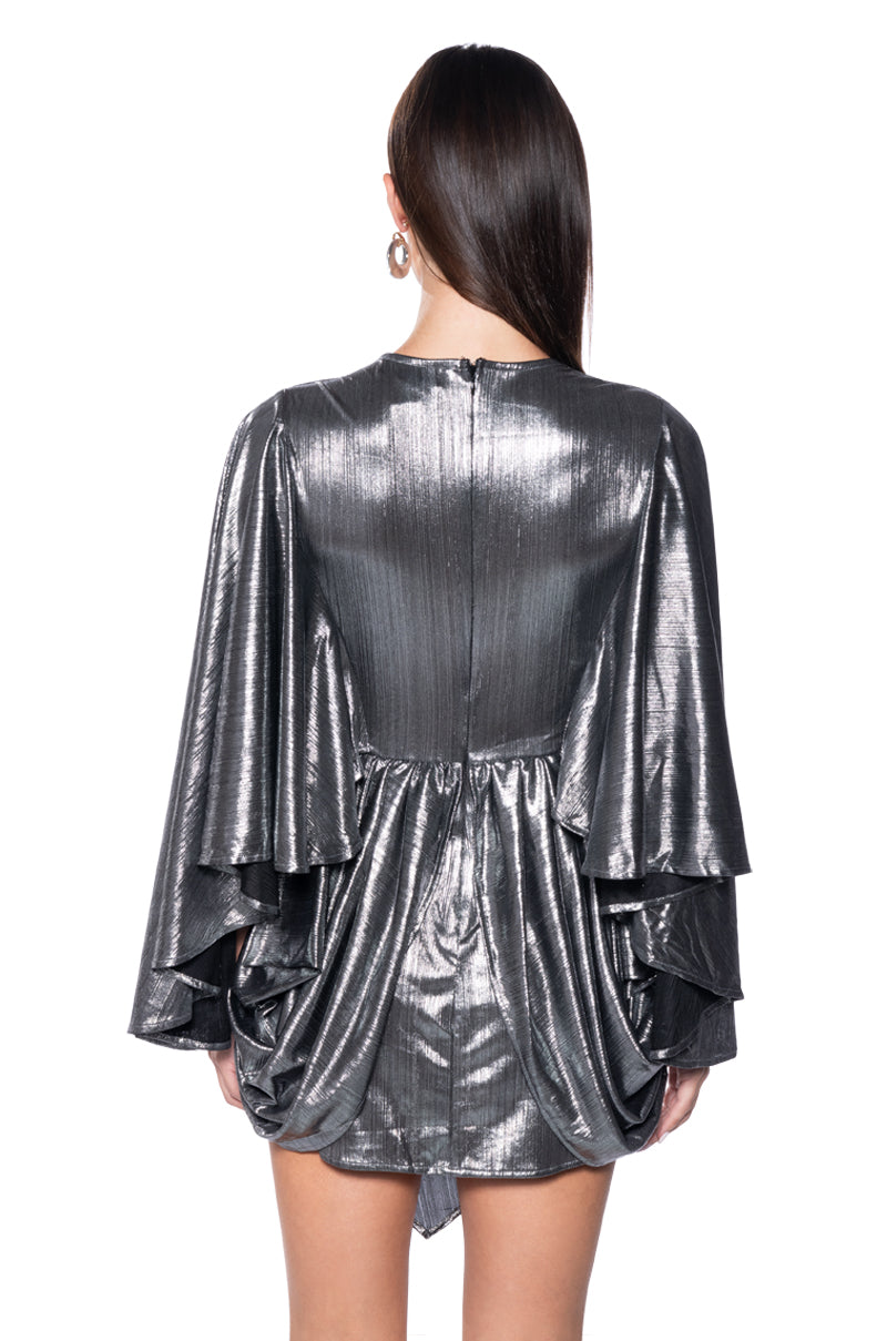 FANTASY DRAPED METALLIC MINI DRESS IN SILVER