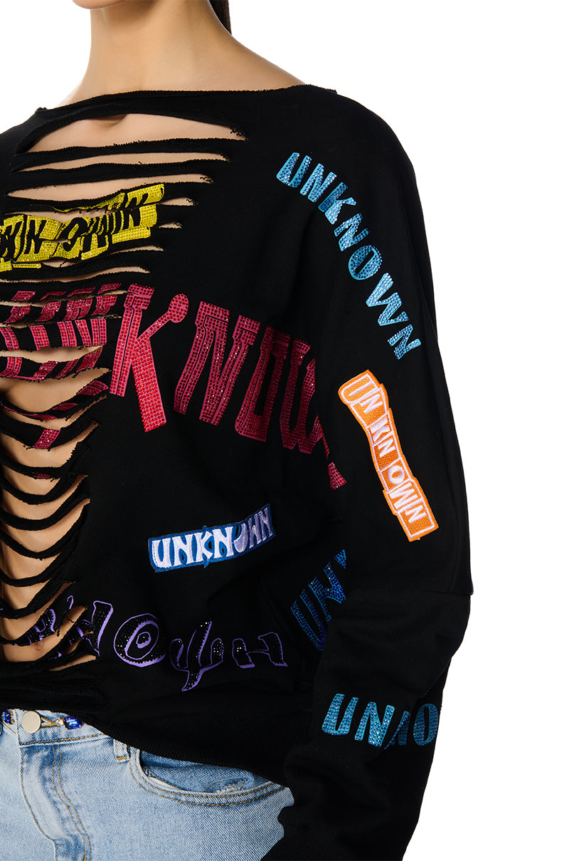 UNKNOWN VIBES DISTRESSED RHINESTONE EMBELLISHED SWEATSHIRT