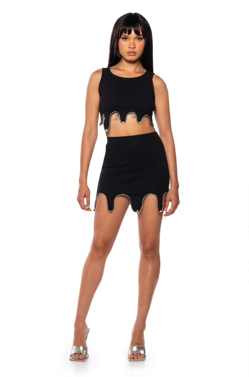 ICY RHINESTONE TRIM MINI SKIRT IN BLACK