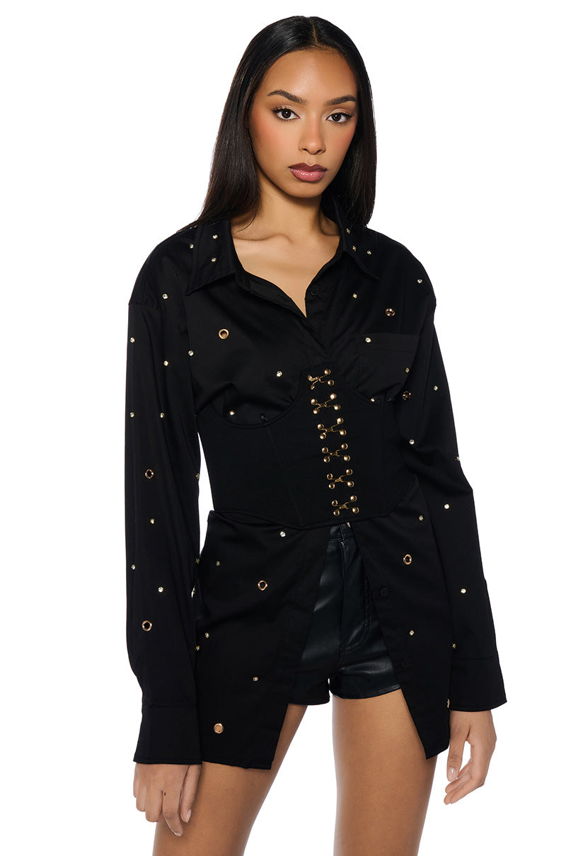 ALL OVER GROMMET DETAIL CORSET BUTTON DOWN SET