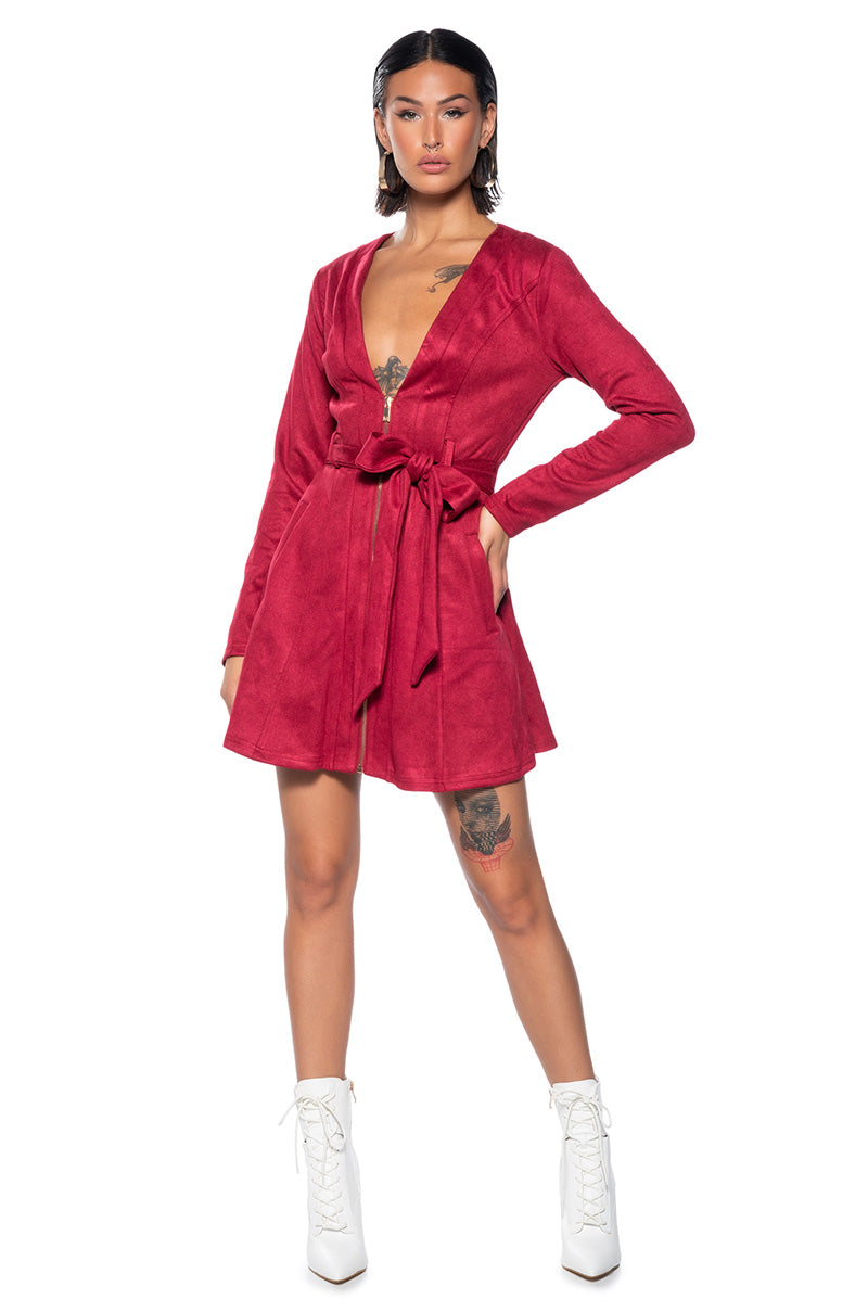 COVET FAUX SUEDE TRENCH MINI DRESS IN RED