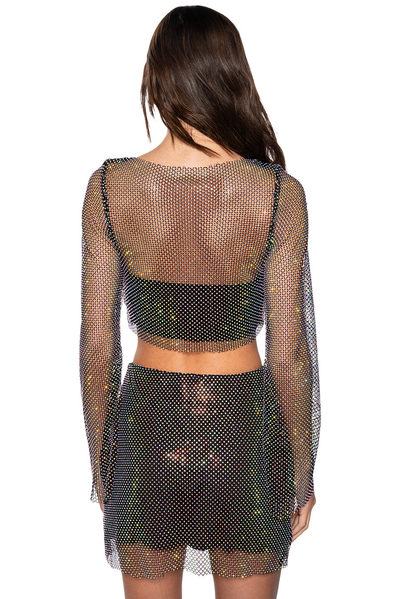 FLASHING LIGHTS RHINSTONE MESH LONG SLEEVE TOP IN BLACK