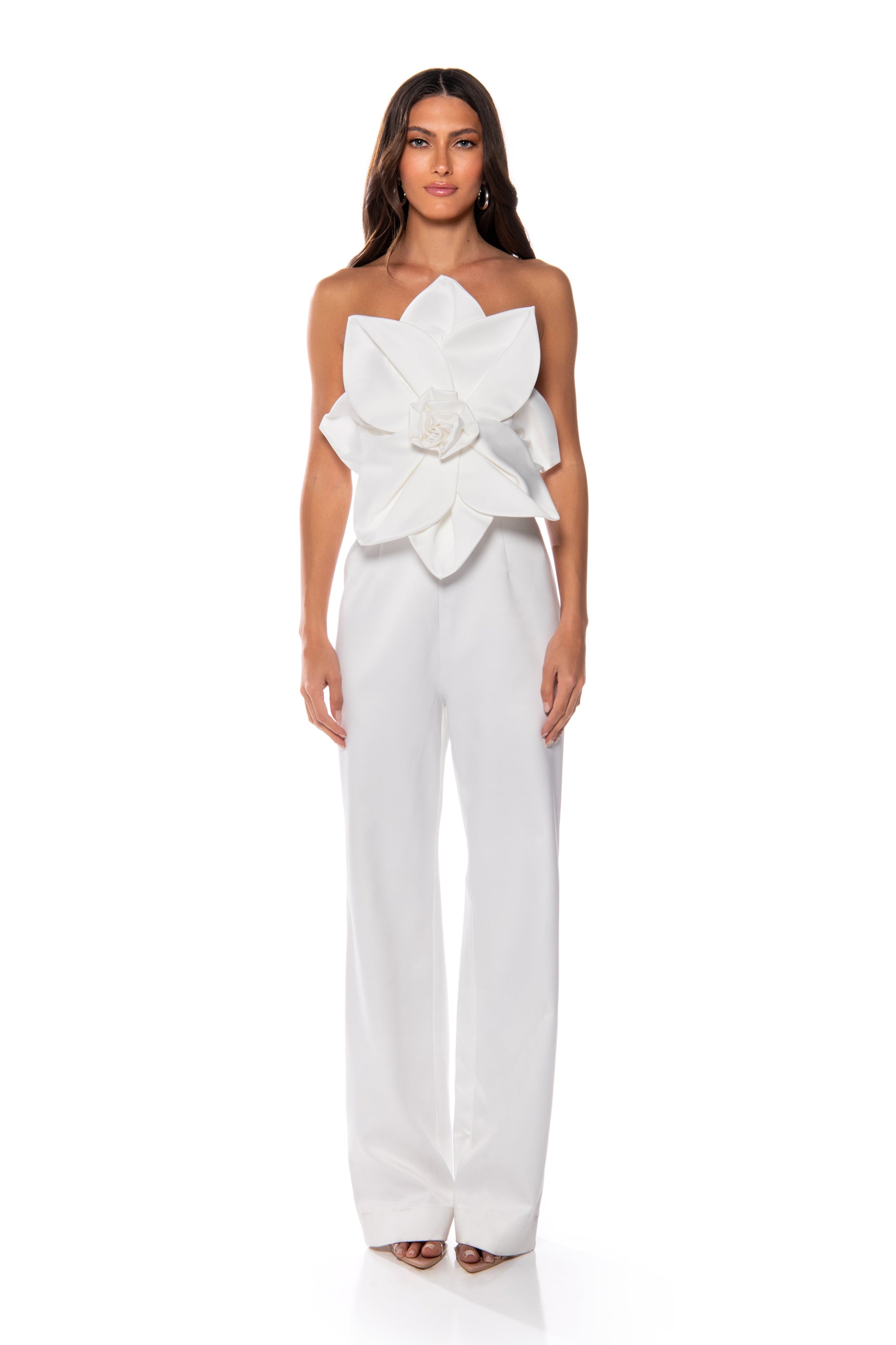 CHERRY BLOSSOM STRAPLESS STATEMENT JUMPSUIT IN WHITE