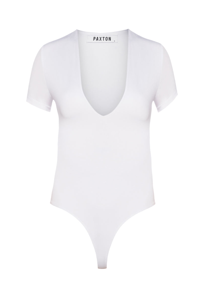 PAXTON BROOKE DEEP V SHORT SLEEVE BODYSUIT IN WHITE