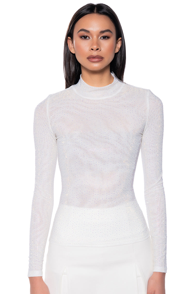 CLARISSA EMBELLISHED LONG SLEEVE MESH TOP