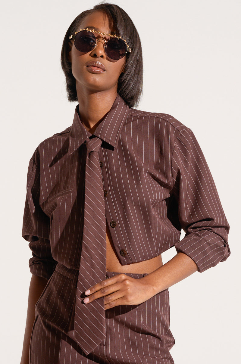 STRAIGHT TO BUSINESS PINSTRIPE TIE DETAIL CROP BLOUSE IN BROWN