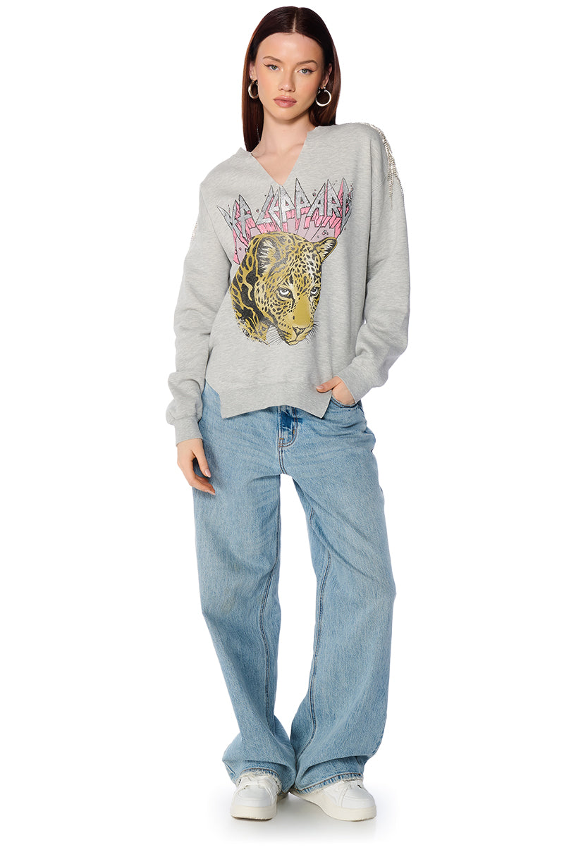 DEF LEPPARD RHINESTONE FRINGE TRIM SWEATSHIRT