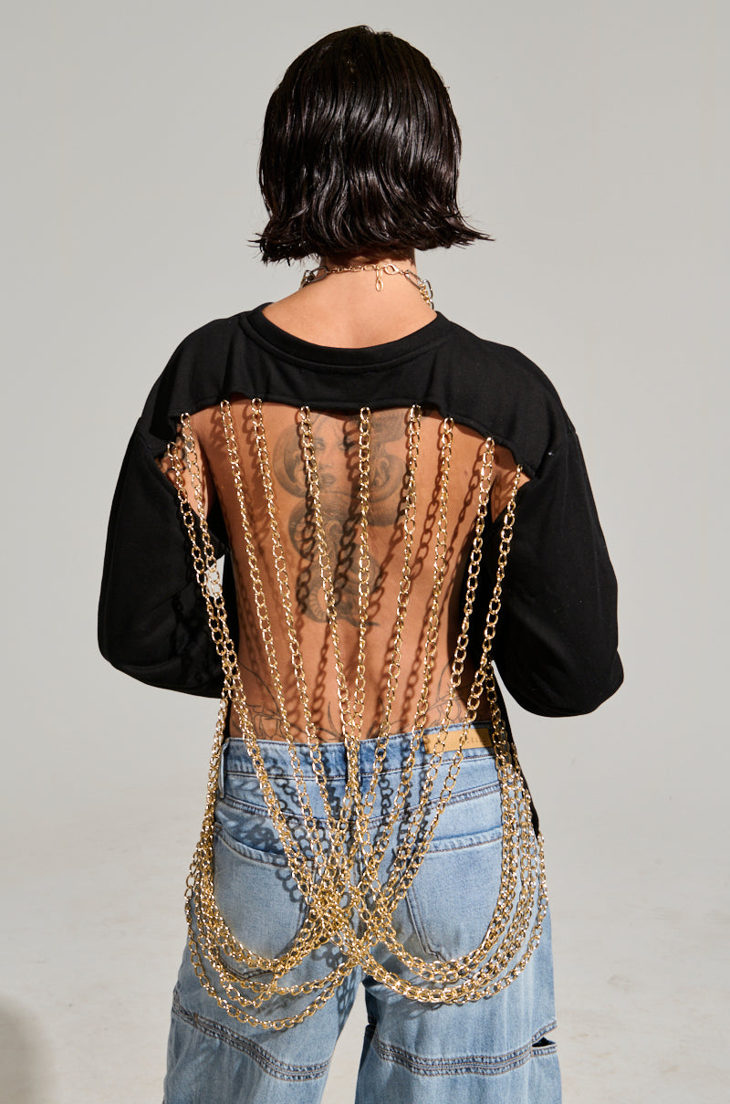 OPEN BACK CHAIN DETAIL SWEATSHIRT