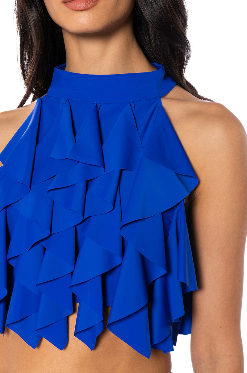 SERENITY RUFFLED HALTER NECK TOP IN BLUE