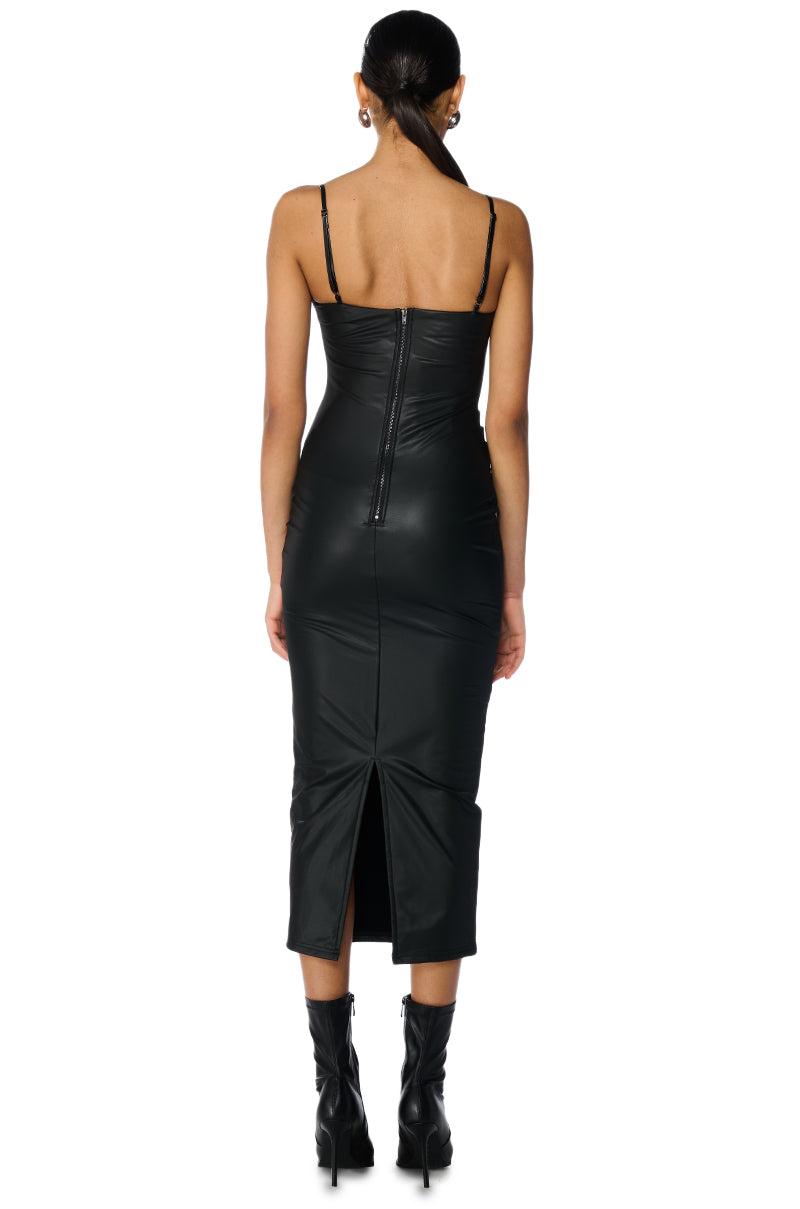 UP TO NO GOOD SLEEVELESS FAUX LEATHER MIDI DRESS WITH FOUR WAY STRETCH IN BLACK